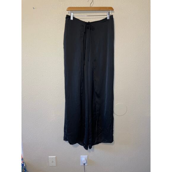 Talulah Boho Silky Black Palazzo Tie Front High Slit Wide Leg Pull On Pants Lg - Picture 12 of 12